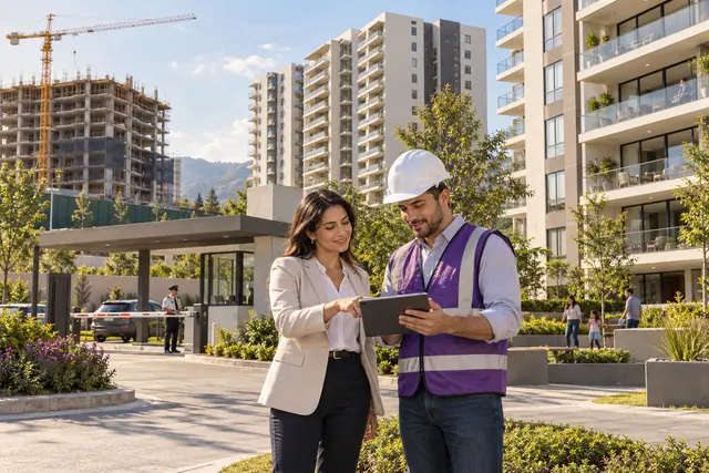 Administradora y un ingeniero coordinando un condominio con torres entregadas y otra en construcción