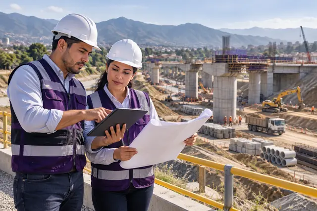 Ingenieros revisando planos y una tablet en una obra de infraestructura