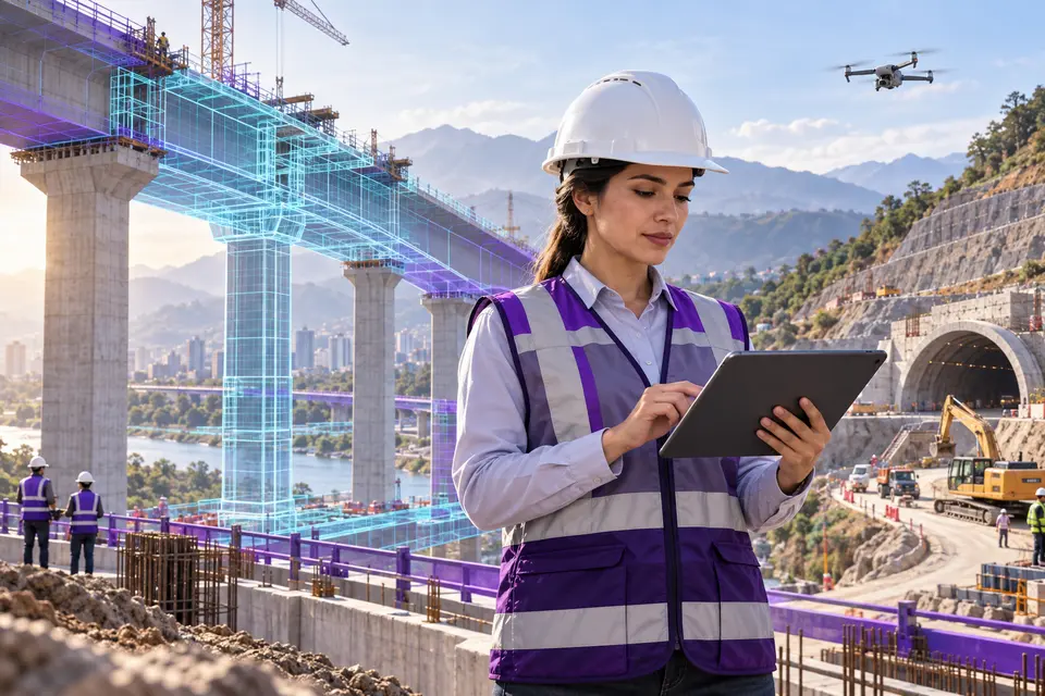 Ingeniera revisando una obra con representación BIM y levantamiento con drone
