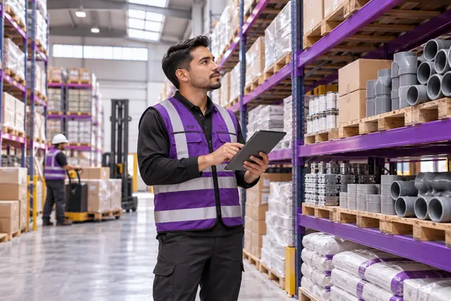 Supervisor revisando materiales y stock con una tablet en un almacén