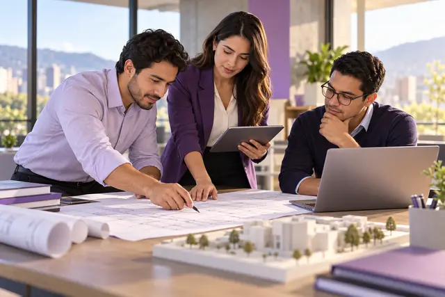 Consultores coordinando planos y entregables en una oficina